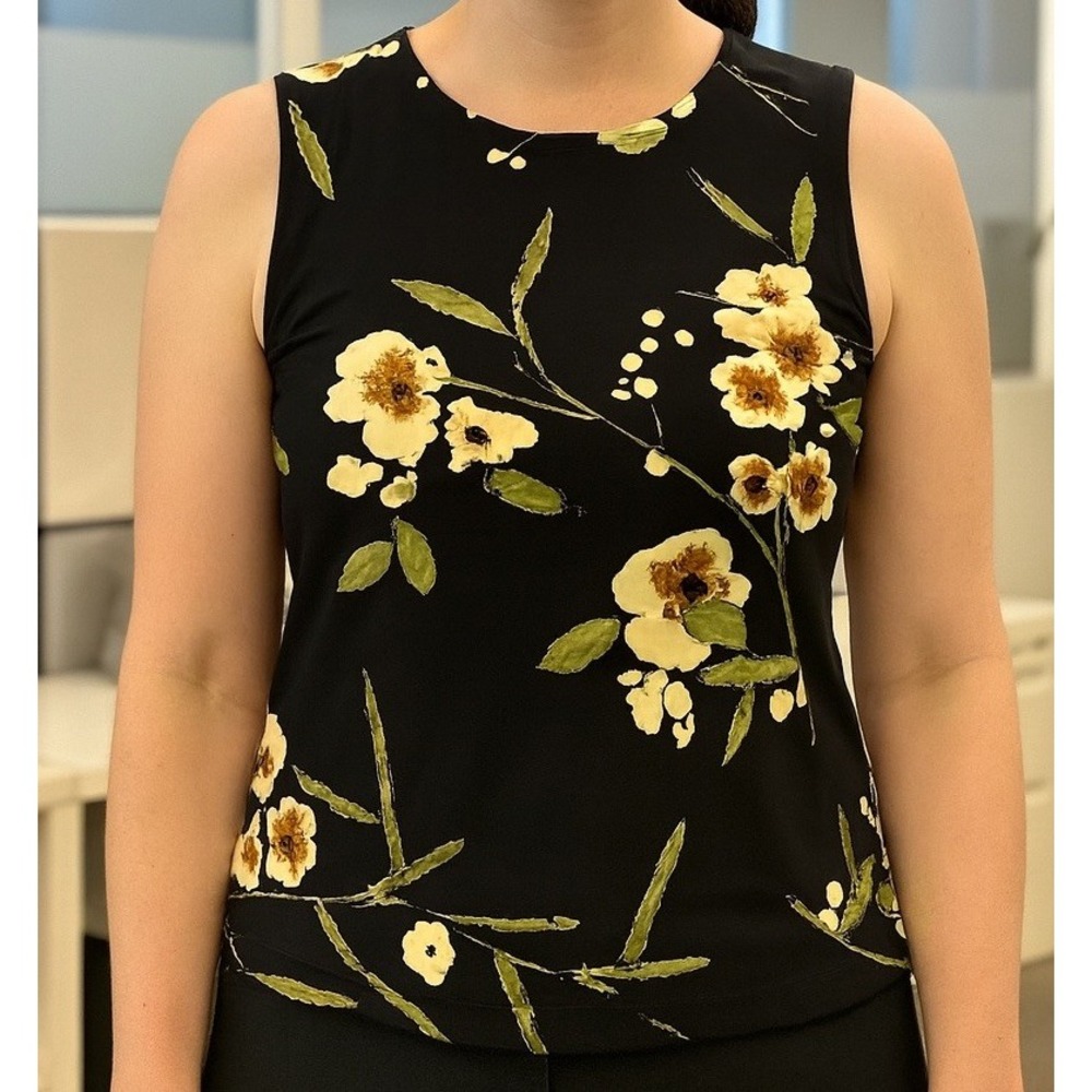 Allison‎ Taylor Sleeveless Blouse Women's size M Black with tan Floral Career